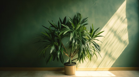 Green plant in a pot on the background of a wall with sunlightの素材
