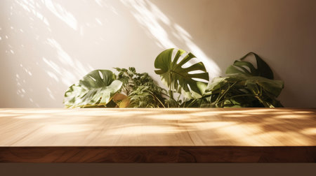 Empty wooden table and tropical leaves on wall background. For product displayの素材