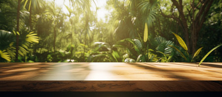 Empty wooden table in front of tropical forest background. For product displayの素材