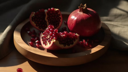 Ripe pomegranate fruits on a wooden plate on the tableの素材
