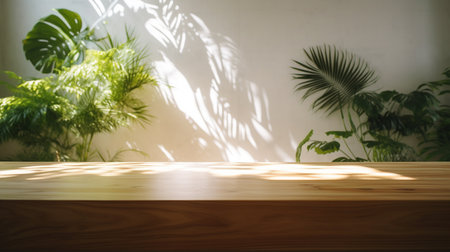 Empty wooden table and blurred background of tropical plants. For product displayの素材