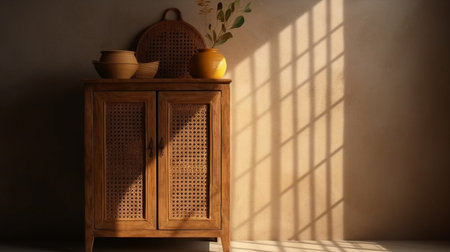Wooden cupboard and vase on the wall with sunlight.の素材