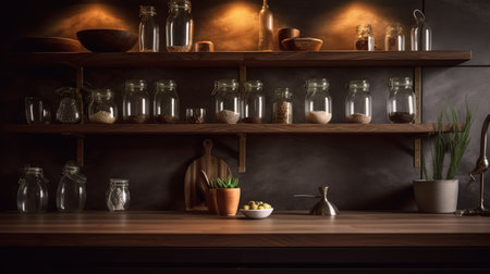 Wooden shelf with glass jars and utensils in the kitchenの素材