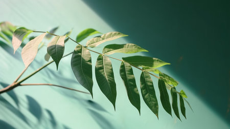 Tropical tree branch in sunlight with leaf shadow on pastel green background. Ai generatedの素材