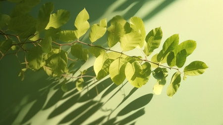 Tropical tree branch in sunlight with leaf shadow on pastel green background. Ai generatedの素材