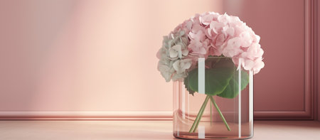 Pastel pink podium side table with hydrangea bouquet in modern glass vase against pastel pink wall background. Ai generatedの素材