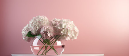 Pastel pink podium side table with hydrangea bouquet in modern glass vase against pastel pink wall background. Ai generatedの素材