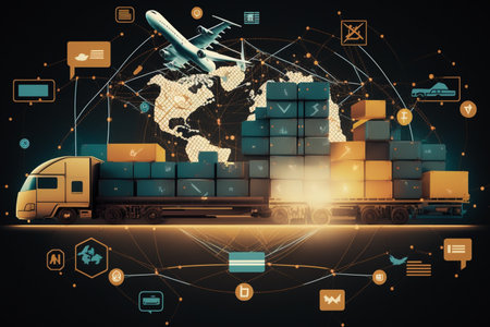 Wholesale and Retail logistics network. Marketing and process and logistics channel transportation icons on warehouse background. generative AIの素材