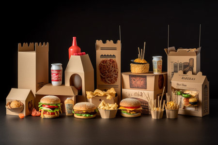 Various cardboard boxes for fast food isolated on white background. Recyclable cardboard boxes for various foods. Ai generativeの素材