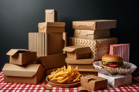 Various cardboard boxes for fast food isolated on white background. Recyclable cardboard boxes for various foods. Ai generativeの素材