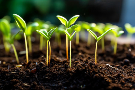 Green sprout seeds started to grow in the fertile soil. Generative AIの素材