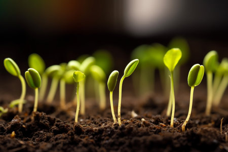 Green sprout seeds started to grow in the fertile soil. Generative AIの素材