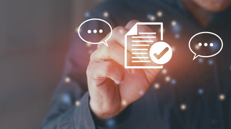 Businessman touching document checklist icon. Search and manage document database files. Document management system conceptの写真素材