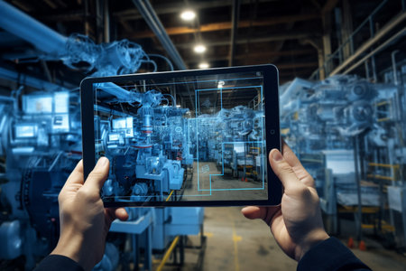 Industrial engineers use tablets to digitally transform their factories taking advantage of the latest technology. generative AIの素材