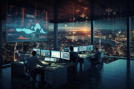 Futuristic company with high-tech design, holographic screen, floating chair, VR elements and interactive whiteboard in dramatic lighting. generative AIの素材