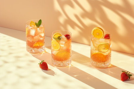 Summer cocktail in the sun. Fresh juicy drink in glass with shadow make trendy pattern on gray background. Ai generativeの素材