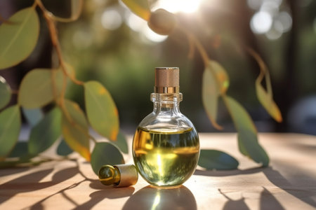Cosmetic glass dropper bottle with oil, serum or fruit peeling in the sunlight. Green eucalyptus in soft focus. Beauty product presentation on natural background. Ai generativeの素材