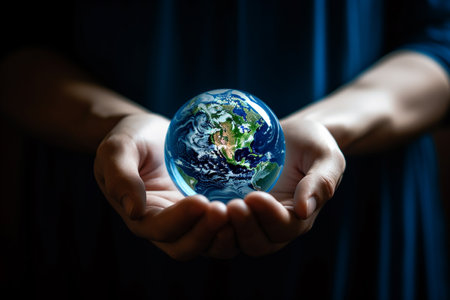 Hand of human holding earth, Earth day. Energy saving concept. Ai generativeの素材