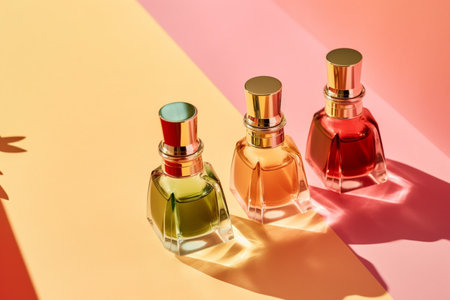 Perfume glass bottles of different bright colors standing on pink background. Abstract pattern by shadows and reflections in sunlight. Ai generativeの素材