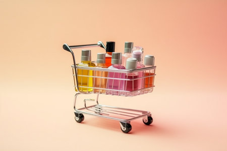 Online shopping minimalist concept. Small cart with cosmetic bottles. Essential oil, a mixture of beauty products. Ai generativeの素材
