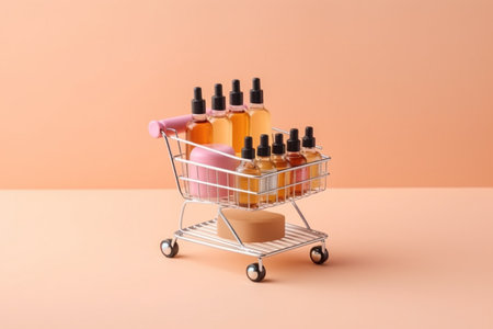 Online shopping minimalist concept. Small cart with cosmetic bottles. Essential oil, a mixture of beauty products. Ai generativeの素材