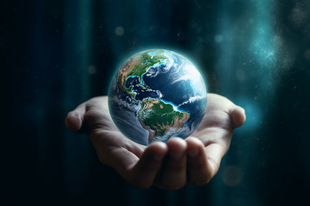 Hand of human holding earth, Earth day. Energy saving concept. Ai generativeの素材