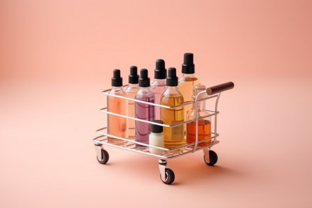 Online shopping minimalist concept. Small cart with cosmetic bottles. Essential oil, a mixture of beauty products. Ai generativeの素材