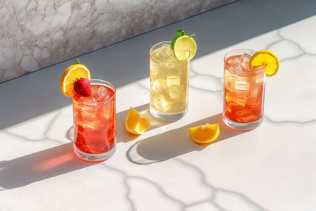 Summer cocktail in the sun. Fresh juicy drink in glass with shadow make trendy pattern on gray marble background. Ai generativeの素材