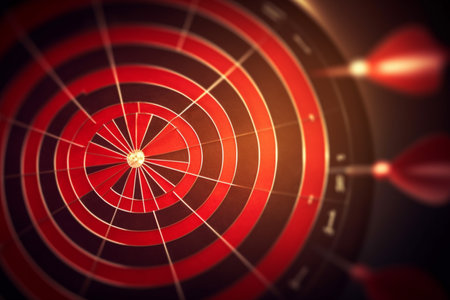 A close-up shot of a red dart in the center of a dartboard target. generative AIの素材