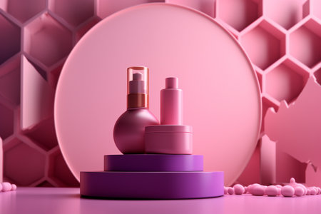 Podium for presentation of cosmetic products. Ready-made scene. Futuristic standing mockup. Ai generativeの素材