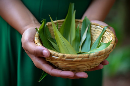 Female hand holding basket with herbal leaves. generative AIの素材
