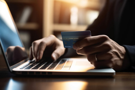 Male hand holding credit card and using laptop at home, online shopping. Ai generativeの素材