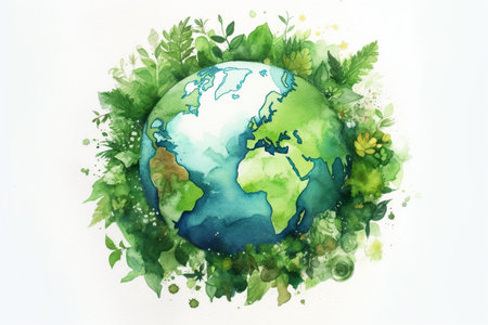 Green earth watercolor art hand drawn on white background. generative Aiの素材
