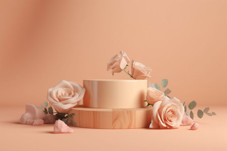 Wooden podium on trendy pastel beige background with flower buds, Cosmetics composition background. Ai generativeの素材