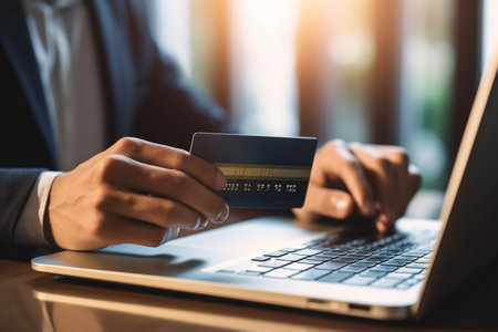Male hand holding credit card and using laptop at home, online shopping. Ai generativeの素材