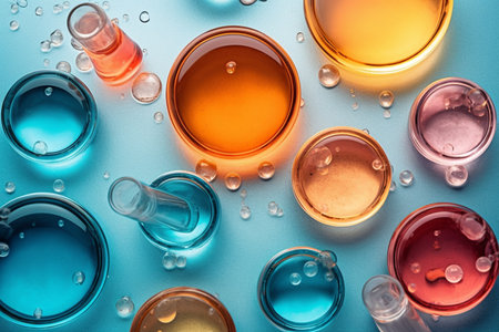 Many laboratory glass petri dishes with water drops, Skin care concept, analysis. Dermatology. Lay flat. generative AIの素材