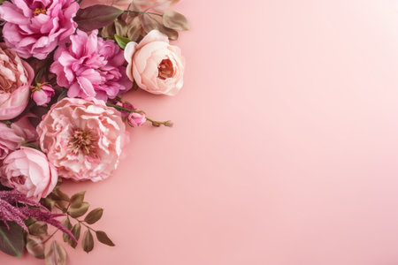 Roses on a pink background with copy space. Abstract natural floral frame layout with text space. Romantic feminine composition. Ai generativeの素材