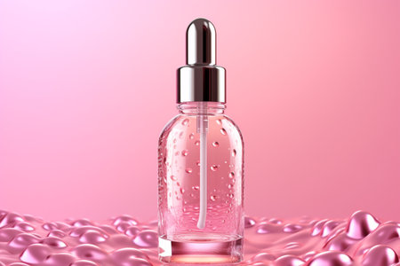 Transparent glass dropper bottle with air bubble pattern on pink background in sunlight. generative AIの素材