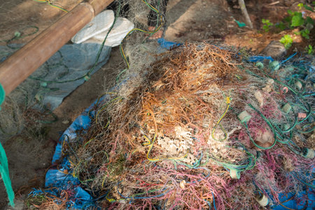 Piles of fishing nets and seaweed on the harbor pier