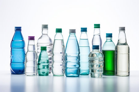 Many water bottles of different sizes are isolated on white background, generative AIの素材