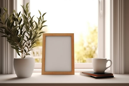 Breakfast still life. Cup of coffee, books and blank photo frame mockup on wooden tableの素材