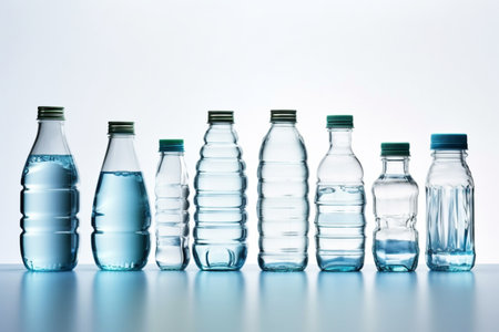 Many water bottles of different sizes are isolated on white background, generative AIの素材