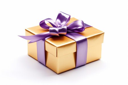 Golden gift box with purple ribbon isolated on a white background. generative AIの素材