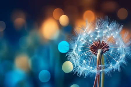 Dandelion with droplets of water on a blue and turquoise beautiful background, generative AIの素材