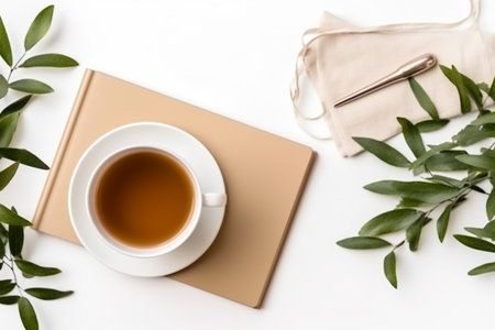 Cup of tea with olive tree branches isolated on white table background. Flat lay, generative AIの素材