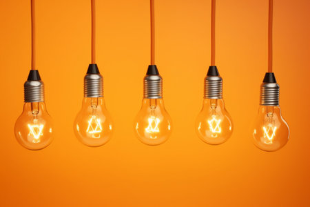 Idea concept on light bulb hanging on orange background, generative AIの素材
