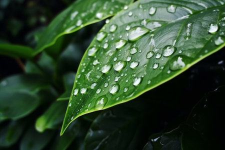 Beautiful transparent raindrops on green leaves, generative AIの素材