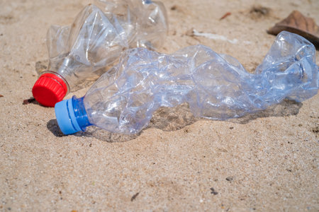 Garbage of plastic bottles on the beach, environmental pollution. climate change and global warming.の写真素材