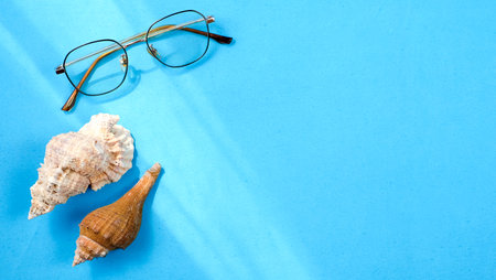 Beach accessories on a pastel blue background. Summer vacation background composition.の写真素材