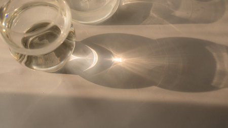 Glass cup on table with reflection of sun rays. minimalistic conceptの写真素材
